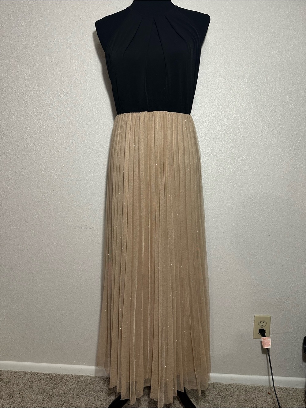 Black Halter Top with Sparkling Beige Pleated Maxi Dress
